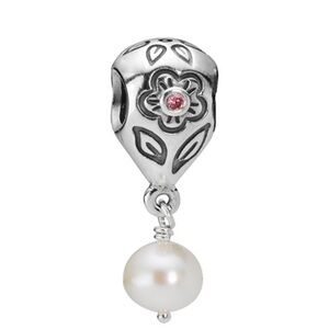 Pandora *Retired* Pink Zirconia Flower Pearl Dangle Bead Charm Sterling Silver
